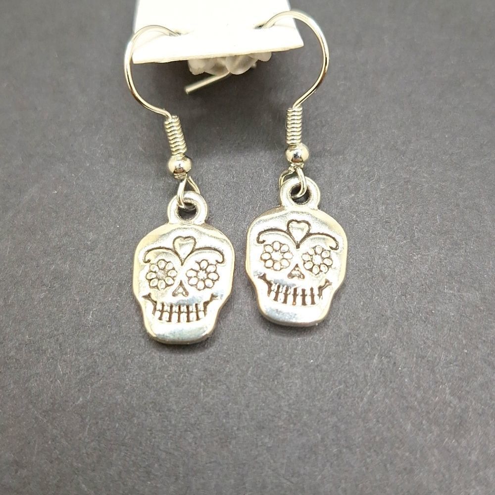 Silver day of the dead sugar skull earrings